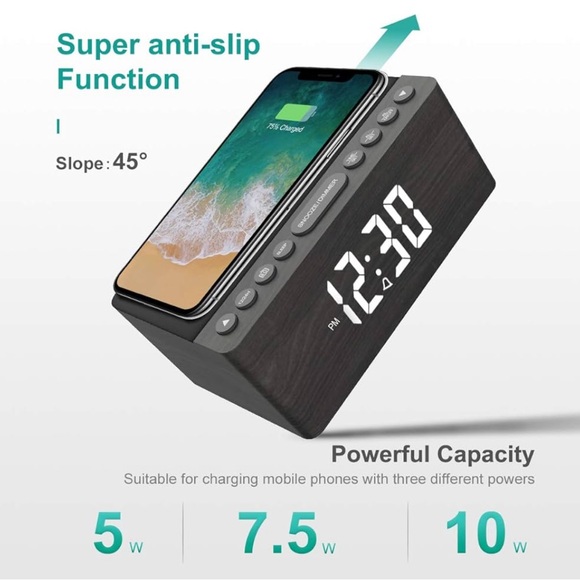 ANJANK Wooden Digital Alarm Clock FM WIRELESS SMARTPHONES CHARGER - Picture 10 of 14